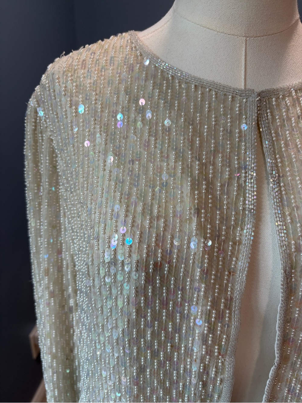 Vintage Laurence Kazar New York Silk Beaded Sequin Jacket Ivory XL - Picture 4 of 10